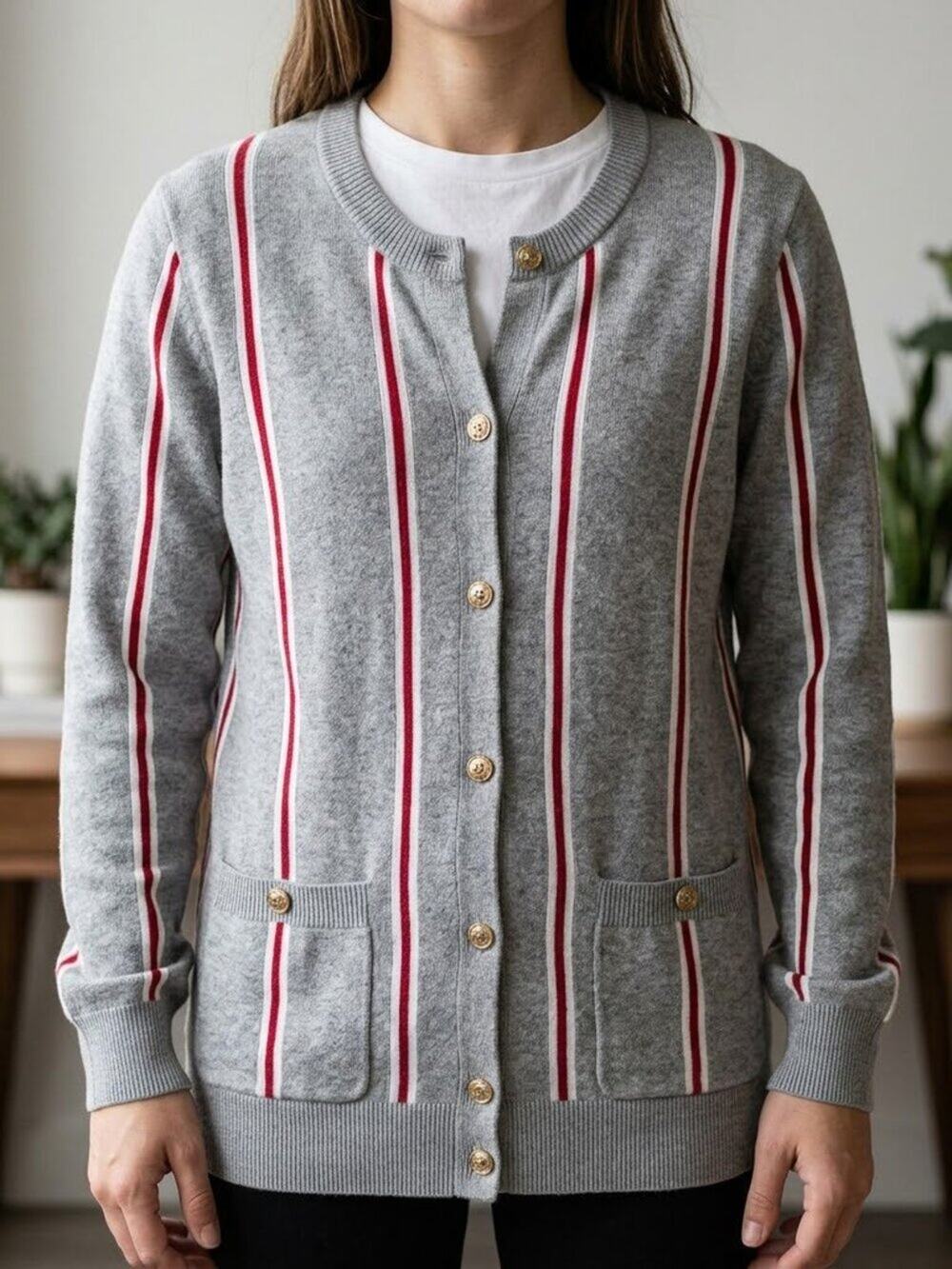 True Angel Grey Cardigan with Red & White Stripes Size M 100% cotton